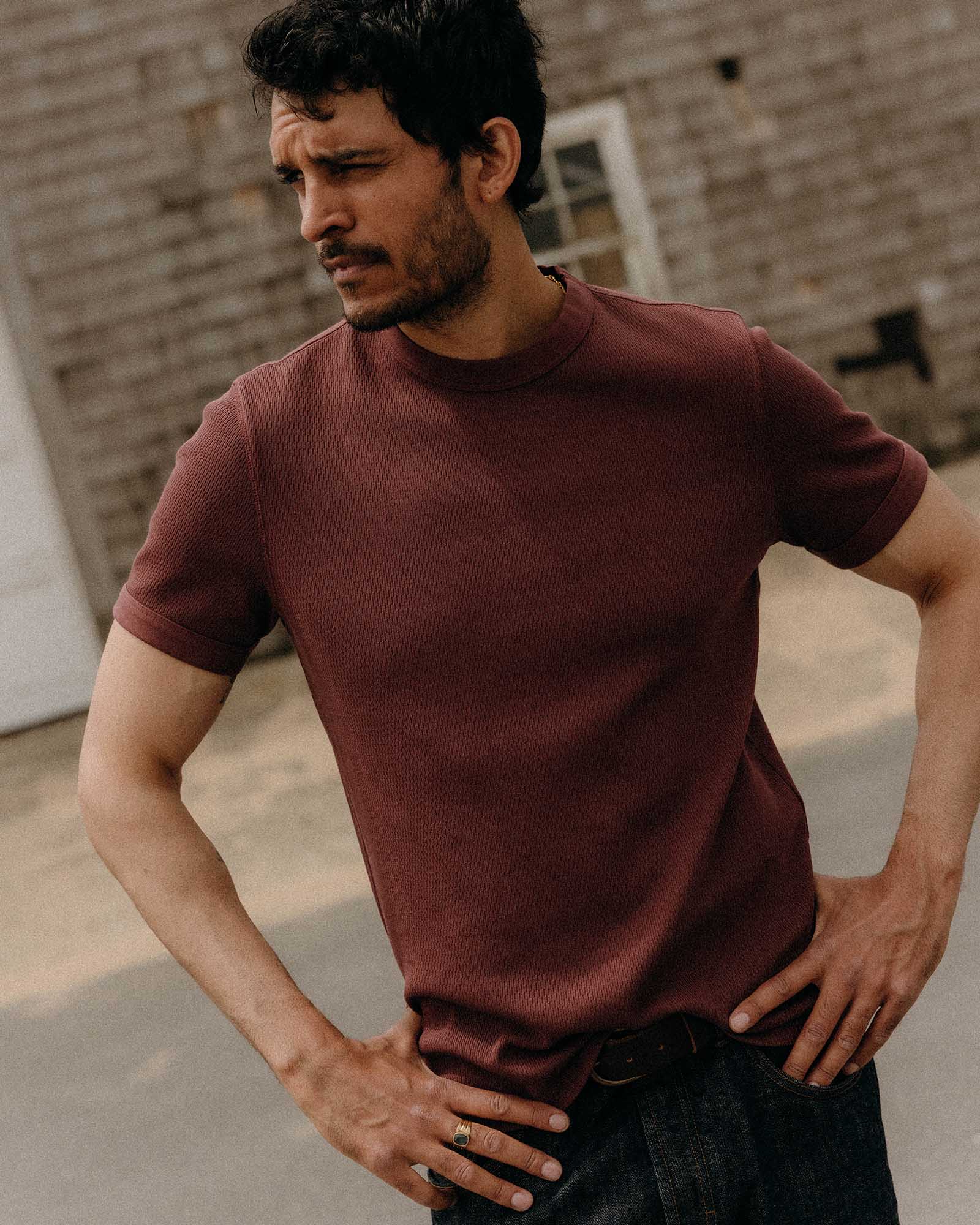 The Organic Cotton Short Sleeve Crew in Burgundy Waffle - Image 2