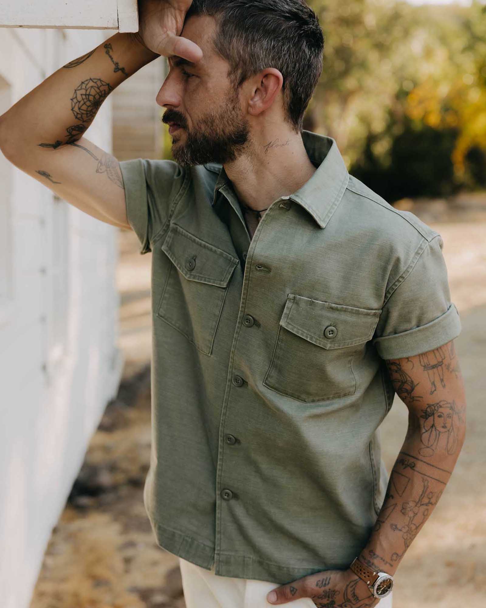 The Short Sleeve Surplus Shirt in Field Olive Reverse Sateen - Image 2